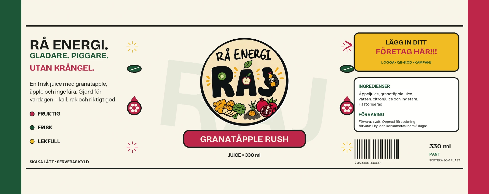 Komplett RÅJ-etikett för Granatäpple Rush med smakbeskrivning, ingredienser, streckkod och sponsoryta