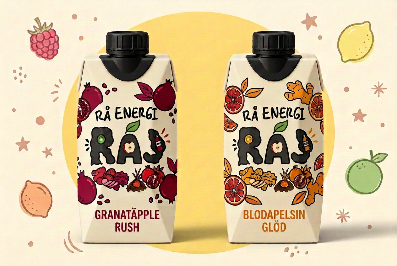 RÅJ Granatäpple Rush och Blodapelsin Glöd i professionella 330 ml-kartonger